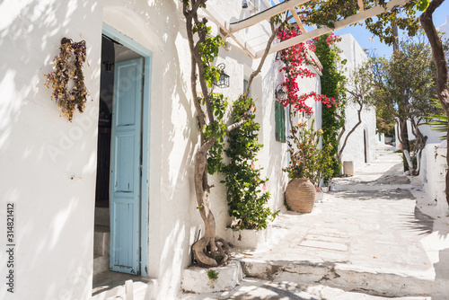 Fototapeta Naklejka Na Ścianę i Meble -  Beautiful traditional greek street with flowers on Amorgos island, Greece. 