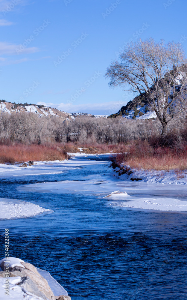 Rich warm browns of winter foliage against a snowy and icy river