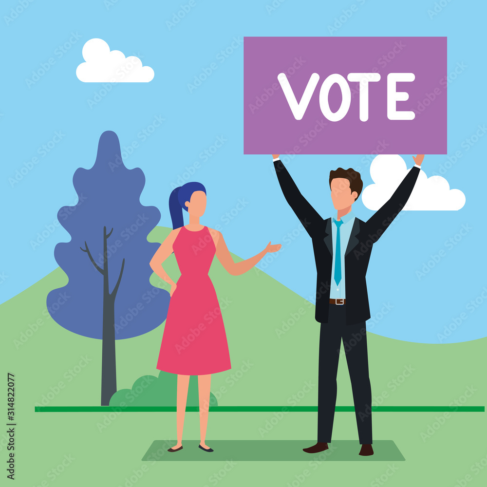 business couple with vote lettering in landscape vector illustration design business couple with vote lettering in landscape vector illustration design