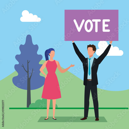 business couple with vote lettering in landscape vector illustration design