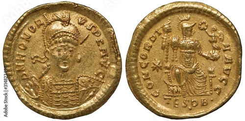 Murais de parede Ancient Roman Empire golden coin solidus 408-423 AD, armored and helmeted bust o