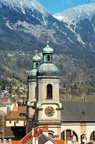 Innsbruck. Beautiful view of the mountains and church of the city