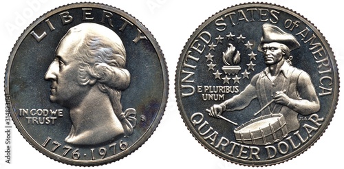 Unites States coin quarter dollar 1976, subject Bicentennial of Independence, head of George Washington left, dates below, torch surrounded by thirteen stars left to drummer boy, photo