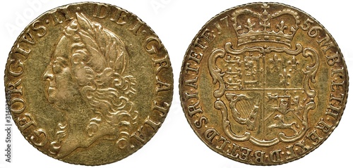 Great Britain British golden coin 1/2 half guinea 1756, laureate head of King George II left, crowned shield with designs and circular inscription,