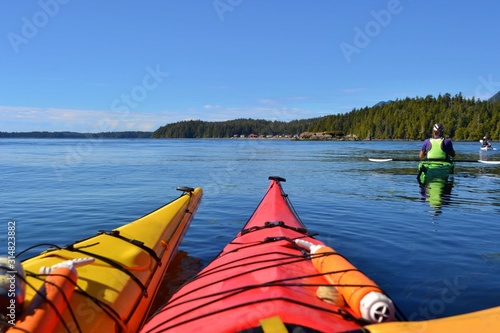 Group of friends on sea kayak in Pacific Ocean near Vancouver Island. Colorful kayaks, trees on the island, man with west, hat and paddle. Blue sky. 