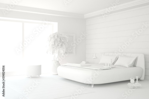 Modern bedroom in white color. Scandinavian interior design. 3D illustration