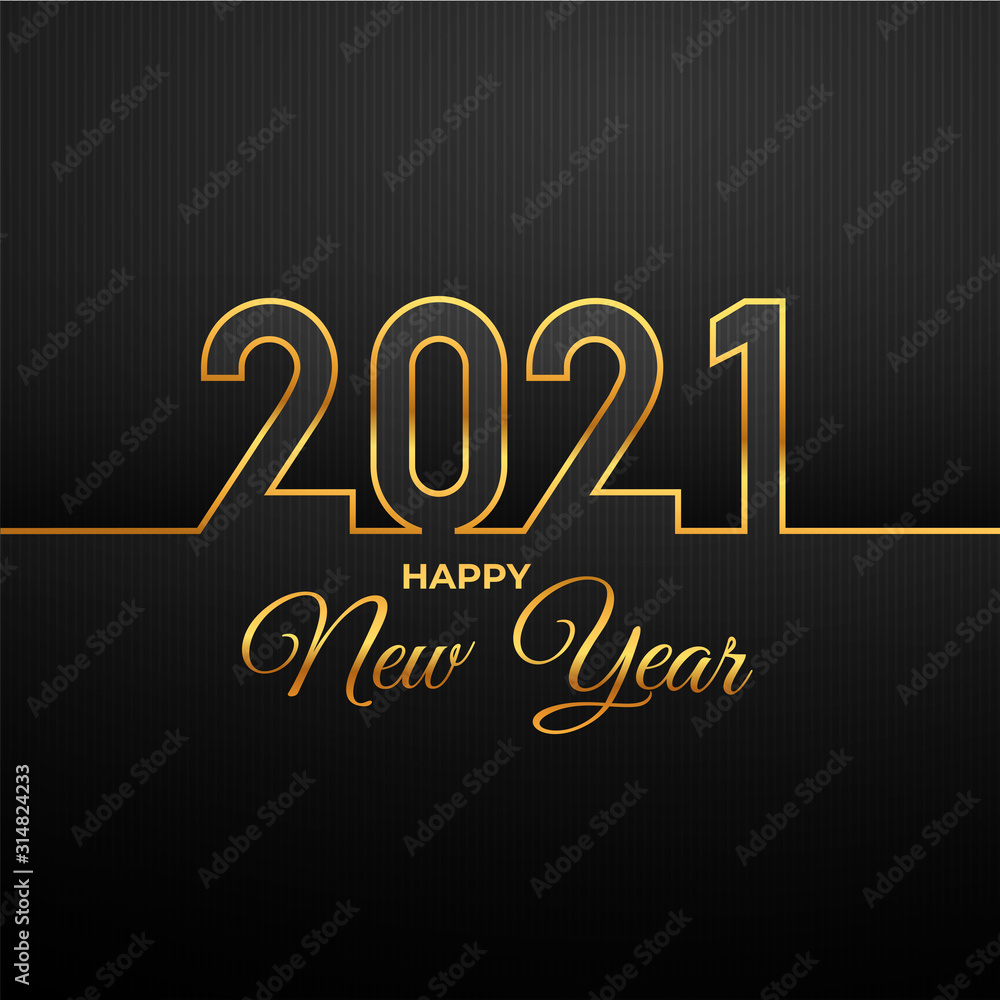 Luxury Happy New Year gold 2021 background. Calendar in-line design, typography. Year number with outline digits. In one endless golden line. Vector illustration. Isolated on black background.