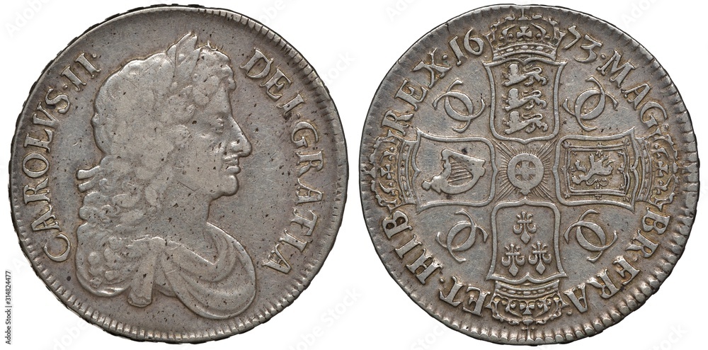 Fototapeta premium Great Britain British silver coin 1 one crown 1673, laureate head of King Charles II right, four crowned shields with lion, harp and lilies forming cross, monogram between,