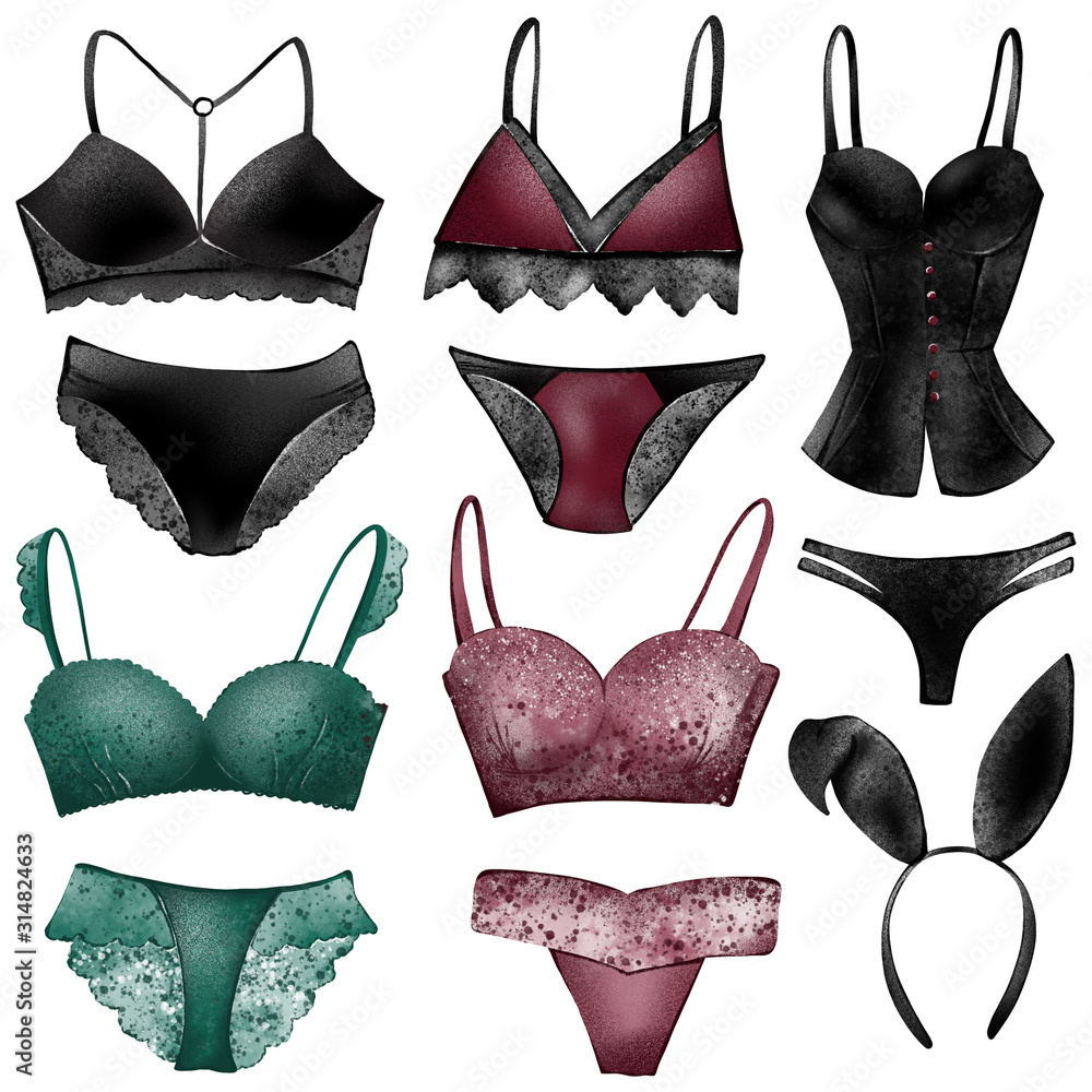 Digital illustration of a gentle sexy set of lingerie panties and bra.  Print for cards, paper, fabrics, posters. Fashion underwear. Illustration  Stock | Adobe Stock