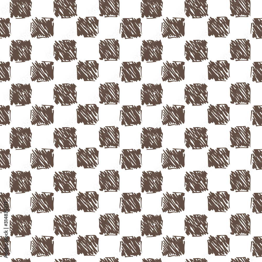 Chess board Vector Seamless pattern. Hand drawn doodle Squares. Checkerboard.