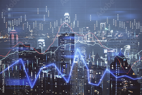 Double exposure of forex chart drawings over cityscape background. Concept of success.