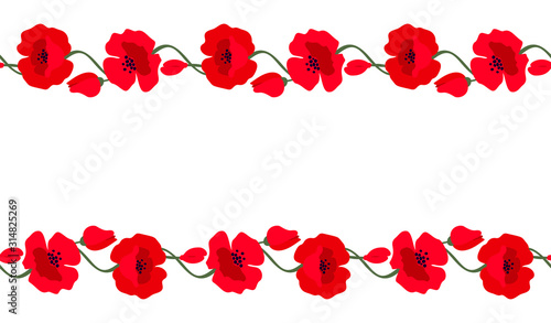 Vector horizontal seamless banner with red poppies isolated on a white background. Illustration of a symbol of International Day of Remembrance. Anzac day symbol.
