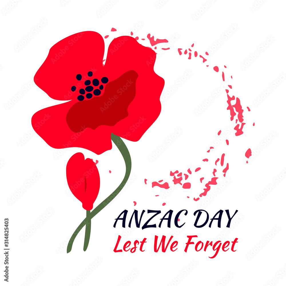 A bright red poppy flower. International Day of Remembrance concept. Anzac day symbol. Lest we forget text. Isolated on white background. Vector illustration.