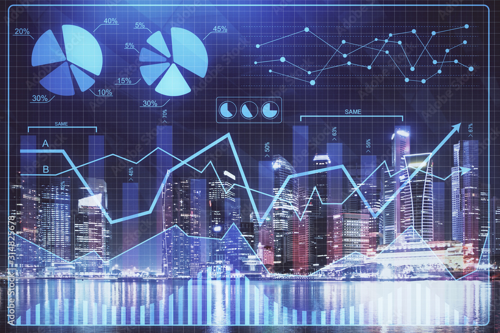 Financial chart on city scape with tall buildings background multi exposure. Analysis concept. Financial chart on city scape with tall buildings background multi exposure. Analysis concept.
