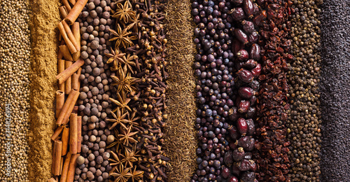 Fototapeta Naklejka Na Ścianę i Meble -  Indian spices and herbs as background for packing labels with food.