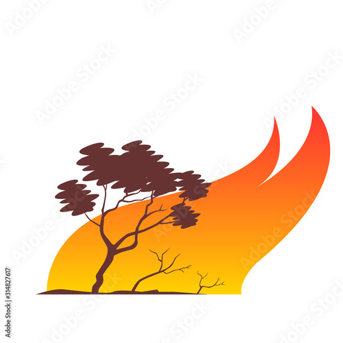 Forest fire with burning trees. Environmental disaster. Trees in a flame of fire. Vector illustration.