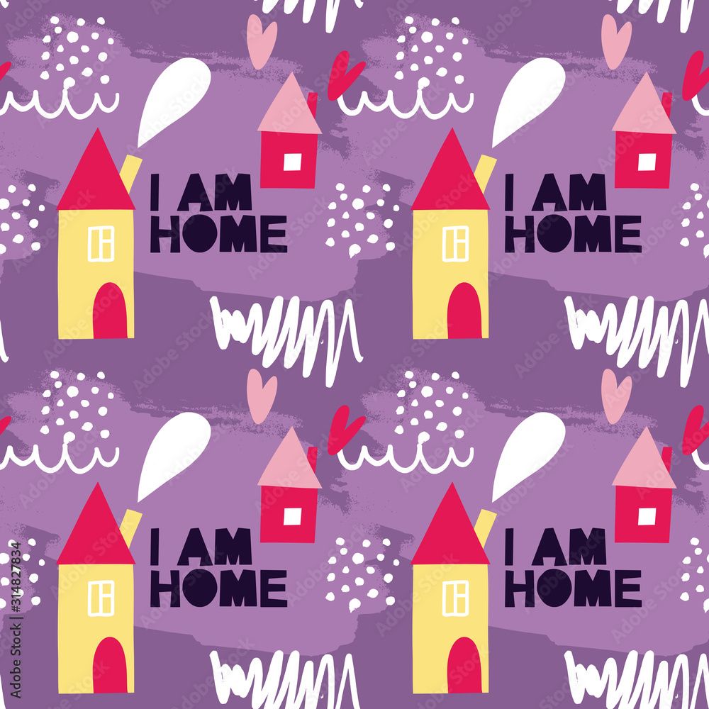 Seamless cute colorful pattern with houses, homes, cloud, grahpic elements