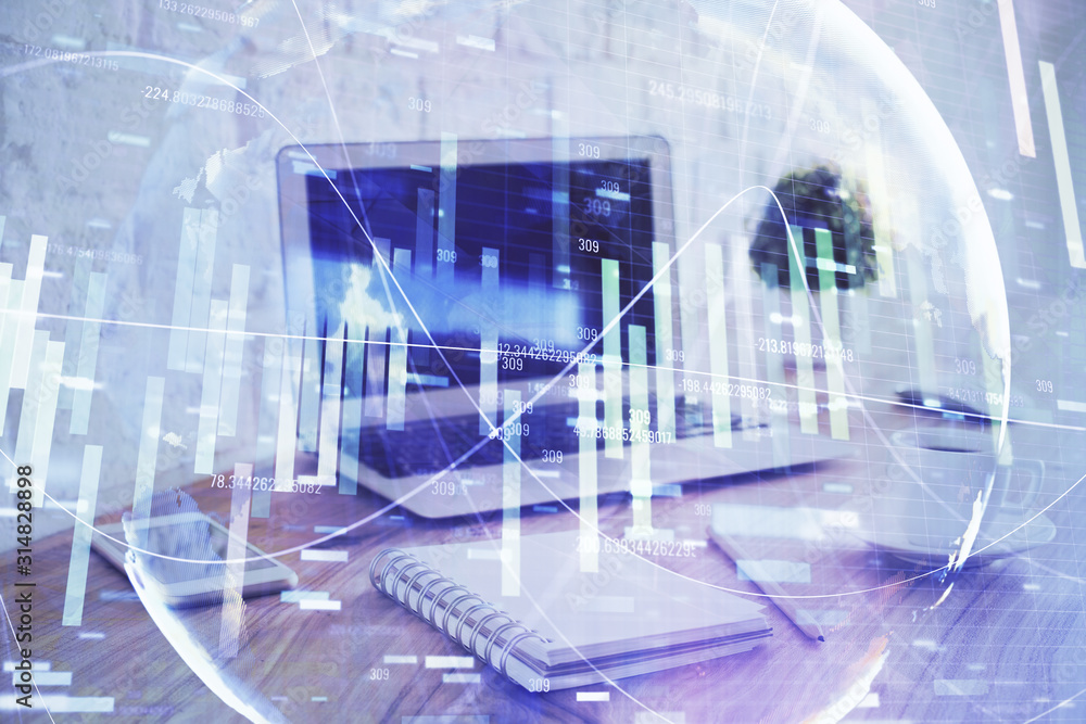 Multi exposure of business theme icons and work space with computer background. Concept of success. Multi exposure of business theme icons and work space with computer background. Concept of success.