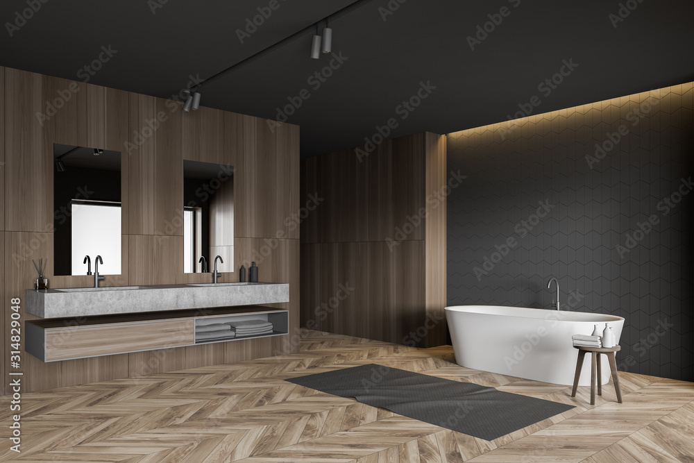 Gray tile and wood bathroom corner - obrazy, fototapety, plakaty 