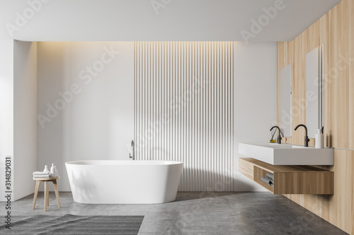 White and wooden bathroom interior  tub and sink
