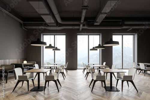 Industrial style restaurant with gray walls