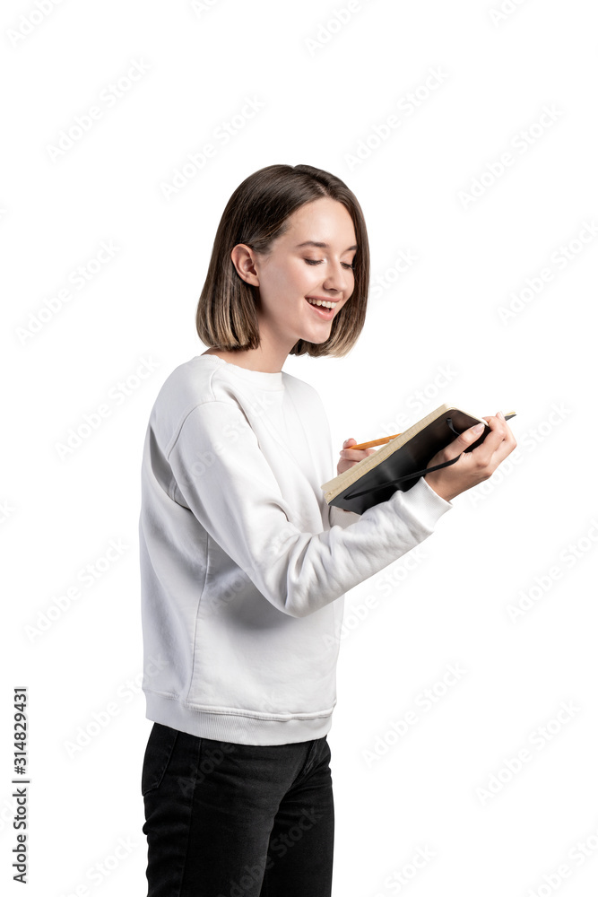 Cheerful casual woman student with notebook Cheerful casual woman student with notebook