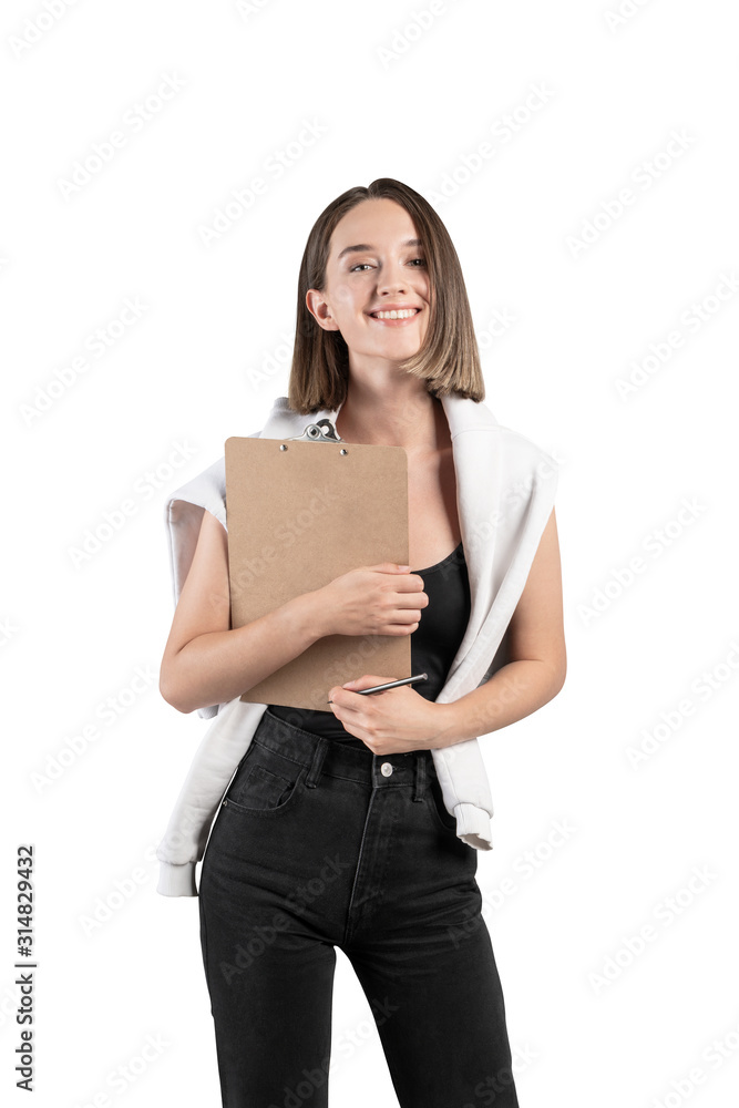 Smiling casual woman with clipboard, isolated Smiling casual woman with clipboard, isolated