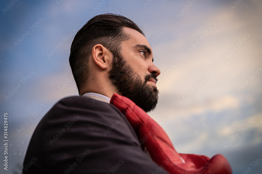 Profile of a businessman in a suit with red boxing gloves hanging from his neck Profile of a businessman in a suit with red boxing gloves hanging from his neck