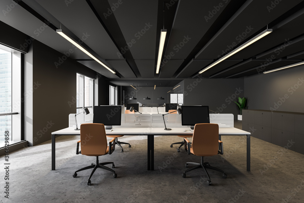 Dark gray open space office with orange chairs - obrazy, fototapety, plakaty 