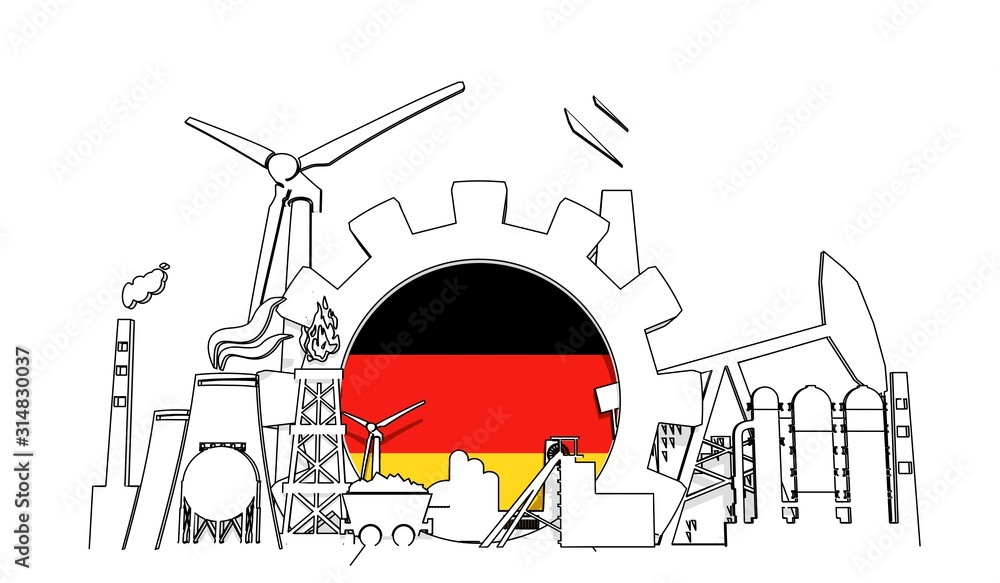 Fototapeta premium Energy and power industrial concept. Gear with flag of the Germany. Energy generation and heavy industry. 3D rendering. Thin line style