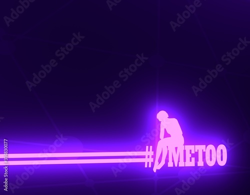 Me too hashtag. Social movement concerning sexual assault and harassment. Sadness woman sitting over the text. 3D rendering. Neon shine photo