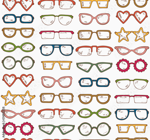Colored Fashionable accessories. Hand Drawn Doodle Glasses Seamless pattern. Different shapes sunglasses, eyeglasses - Colorful Vector illustration