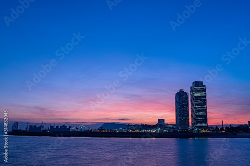 View of the coast of Barcelona at dusk on the blue hour