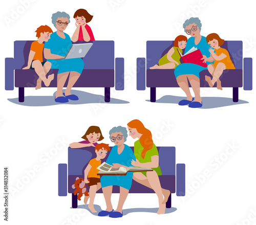 Vector illustration of grandmother and her grandchildren sitting on the couch in flat design.