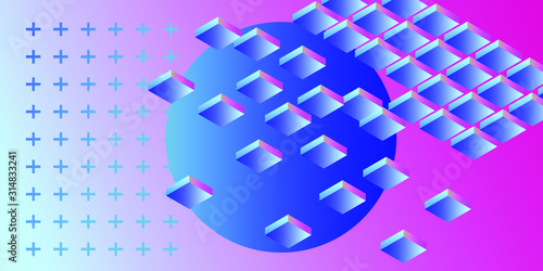 Abstract geometric minimal background with 3d isometric blocks in neon 80's-90's fluorescent lighting. Retrofuturistic Vaporwave and Synthwave style illustration.