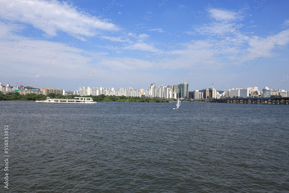 The Seoul skyline from across the Han River in Seoul, Korea.