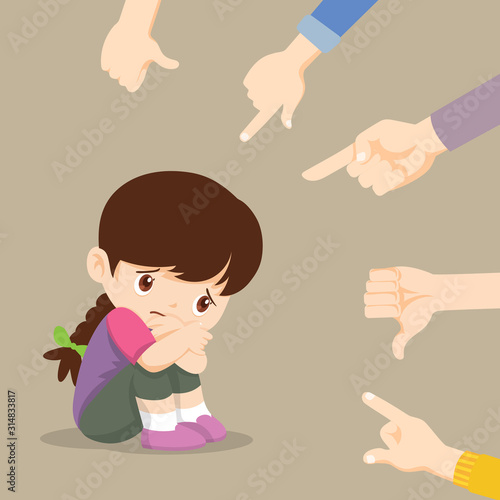 Sad girl sitting on floor surrounded by pointing hands mocking her