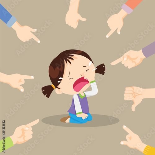 Sad girl sitting on floor surrounded by pointing hands mocking bully her