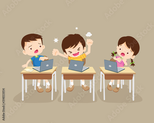 student boy angry shouted at laptop ,Rampage boy and computer.