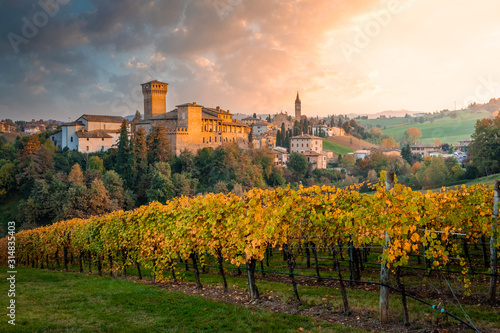 Levizzano Rangone vineyards and countryside at sunset. Levizzano Rangone, Modena province, Emilia Romagna, Italy