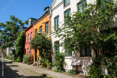 The typical danish terraced houses with their colorful facades. Nice example of scandinavian design.