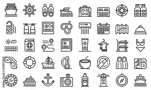 Cruise icons set. Outline set of cruise vector icons for web design isolated on white background