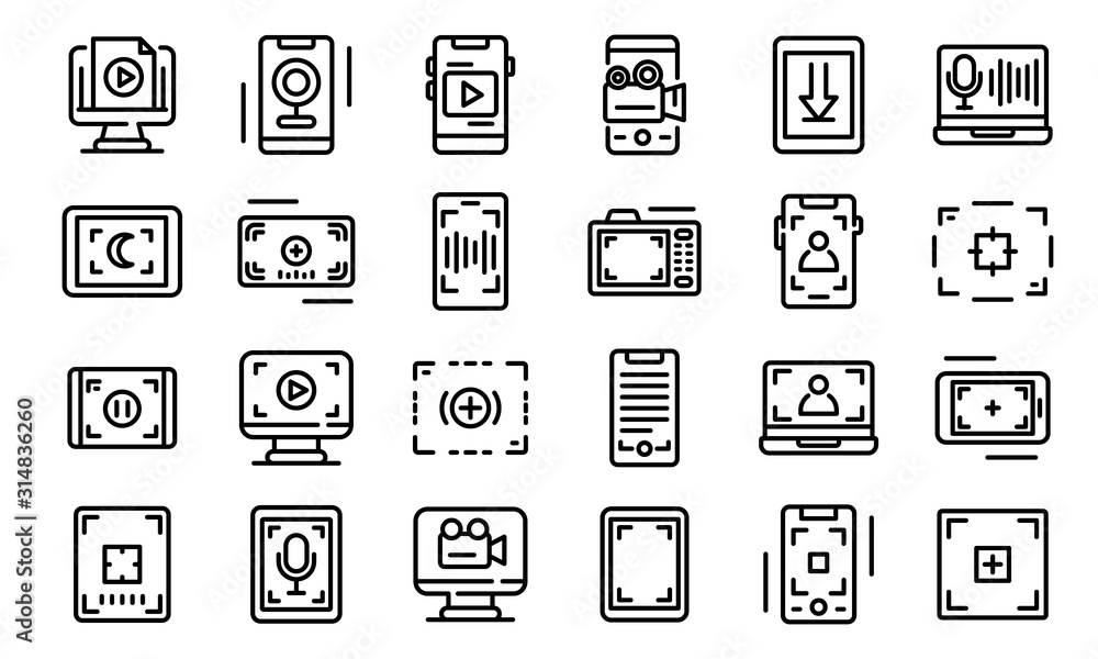 Screen recording icons set. Outline set of screen recording vector icons for web design isolated on white background Screen recording icons set. Outline set of screen recording vector icons for web design isolated on white background