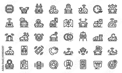 Unmanned taxi icons set. Outline set of unmanned taxi vector icons for web design isolated on white background