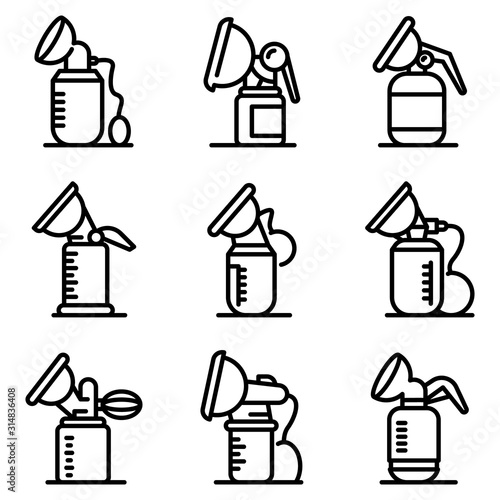 Breast pump icons set. Outline set of breast pump vector icons for web design isolated on white background