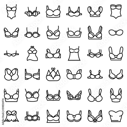 Bra icons set. Outline set of bra vector icons for web design isolated on white background