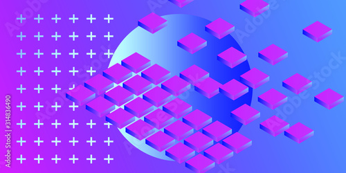 Abstract geometric minimal background with 3d isometric blocks in neon 80's-90's fluorescent lighting. Retrofuturistic Vaporwave and Synthwave style illustration.