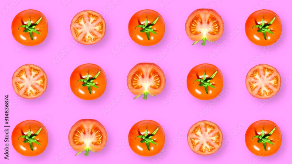 Looping abstract video with whole rotating tomatoes and slices on a purple background. Looping abstract video with whole rotating tomatoes and slices on a purple background.