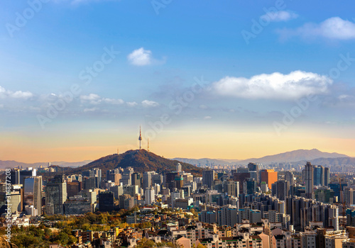 Photography Sunset Seoul South Korea City Skyline with seoul tower.