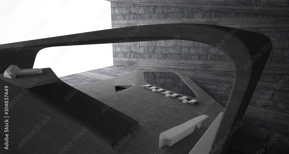 Obraz premium Abstract architectural concrete smooth interior of a minimalist house with swimming pool. 3D illustration and rendering.